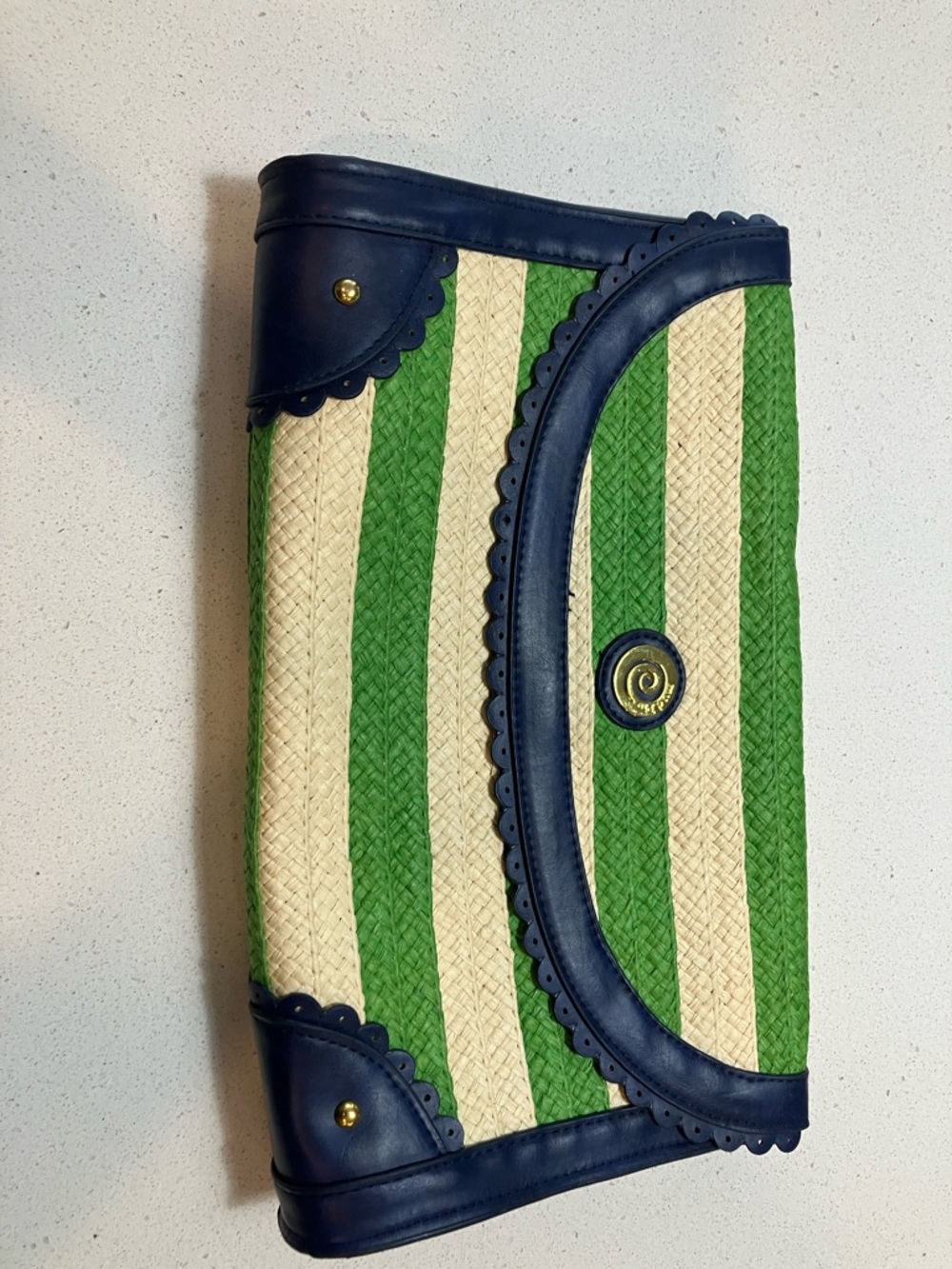 Mud Pie Green, Cream & Navy Striped Woven Clutch